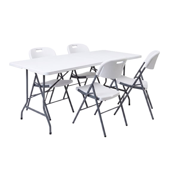 Combo Mesa Plegable Blanca 1.8 metros Tipo Portafolio con 4 Sillas Plegables Blancas Para Exterior