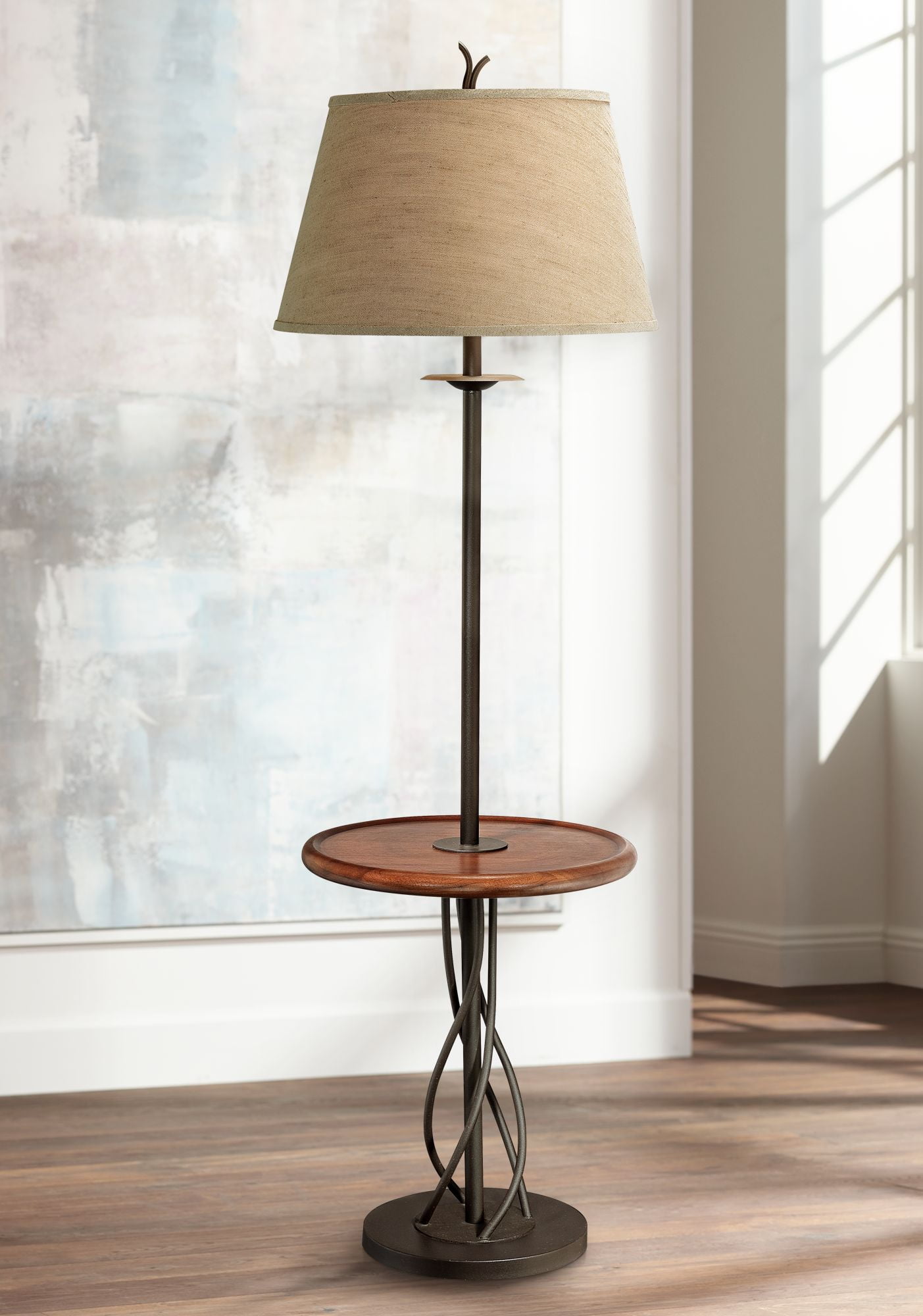 Franklin Iron Works Rustic Floor Lamp With Table Wood Twisted Base Linen Empire Shade For Living Room Reading Bedroom