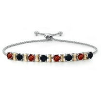 Gem Stone King 925 Silver and 10K Yellow Gold Red Garnet and Black Onyx Bracelet for Women | 2.36 Cttw | Gemstone January Birthstone | Round 4MM | Adjustable up to 9 inch