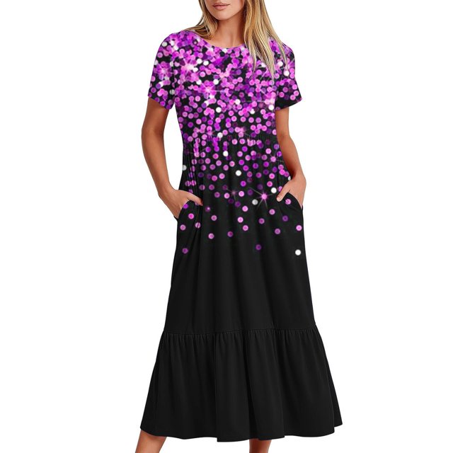 Robe à Manches Courtes Imprimée pour Femme, Robe Décontractée à Col Rond avec Motif Intégral, Robe Légère en Polyester Lavable à la Machine pour Usage Quotidien