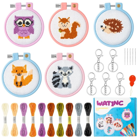Kit de bordado WATINC estampado en punto de cruz, llavero DIY para niños