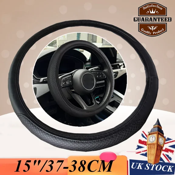 Car Leather Steering Wheel Cover Good Grip Car Accessories For 15"/37-38Cm Black
