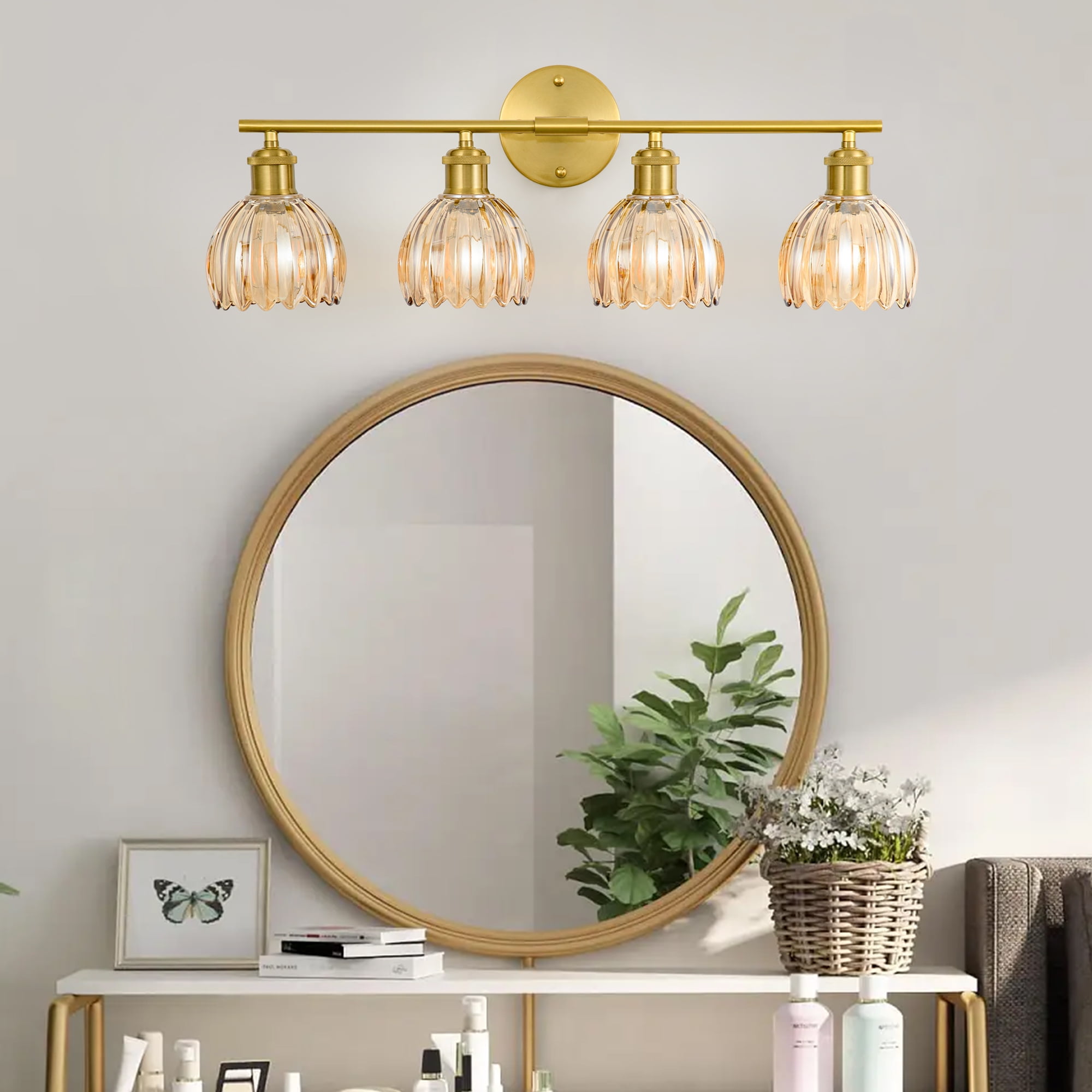 GCGAFUL Modern Gold Bathroom Vanity Light Fixtures, 26 in. 4-Light Bathroom Lights Fixtures Over Mirror with Amber Tulip Glass Shade