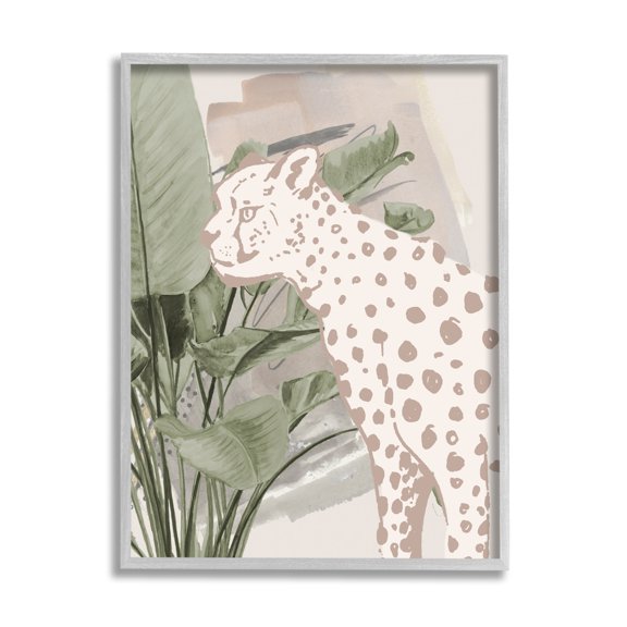 Stupell Industries Modern Cheetah & Palms Animals & Insects Painting Gray Framed Art Print Wall Art, 24 x 30