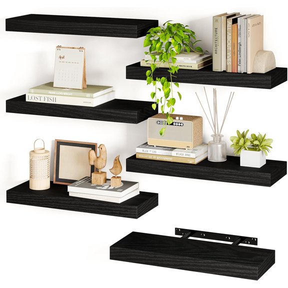15.8in Black Floating Shelves, Set of 6 Wood Shelves, Farmhouse Shelf Wall Decor for Bathroom, Bedroom, Living and Kitchen Room