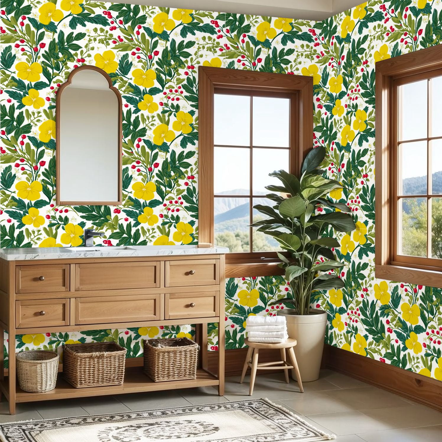Peel and Stick Wallpaper Bright Yellow Floral Green Leaves Red Berries White Wall Mural 23.6in x 9.8ft Self Adhesive Removable Wall Paper Renter Friendly Wallpaper for Bedroom Nursery Living Room