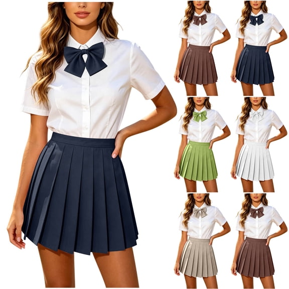 Pleated Skirt for Women Ihhxva High Waist Mini Elastic School Uniform A-Line Flared Fit Cotton Casual Office Daily Wear Spring XS-3XL