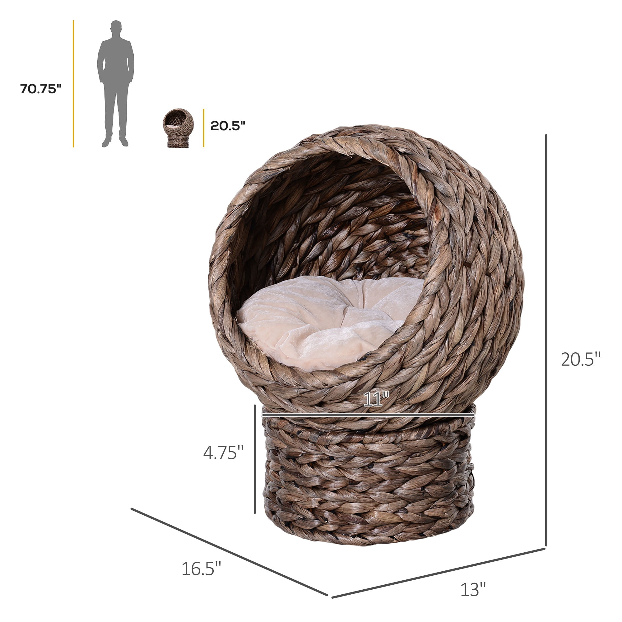 PawHut 20" Natural Braided Elevated Cat Bed Basket House Chair Sofa, Dark Brown