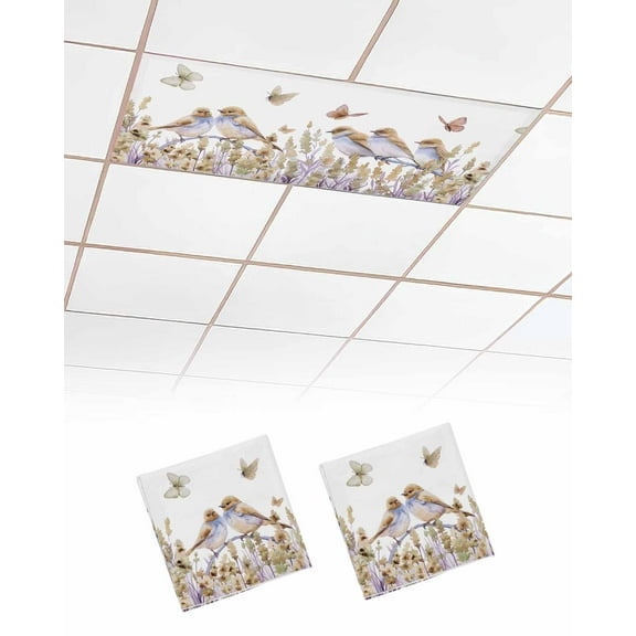 Fluorescent Light Covers for Ceiling Lights 2 Pack,Orange Sage Green Spring Floral Magnetic Ceiling Light Covers 2x4ft for Classroom Office School,Watercolor Birds Butterfly Drop Ceiling Light Shade