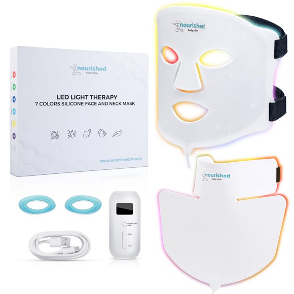 Mascarilla para rostro y cuello con terapia de luz LED Nourished Bodynskin - Dispositivo para el cuidado de la piel facial - 7 colores rojo y azul - Producto antienvejecimiento rejuvenecedor para arru