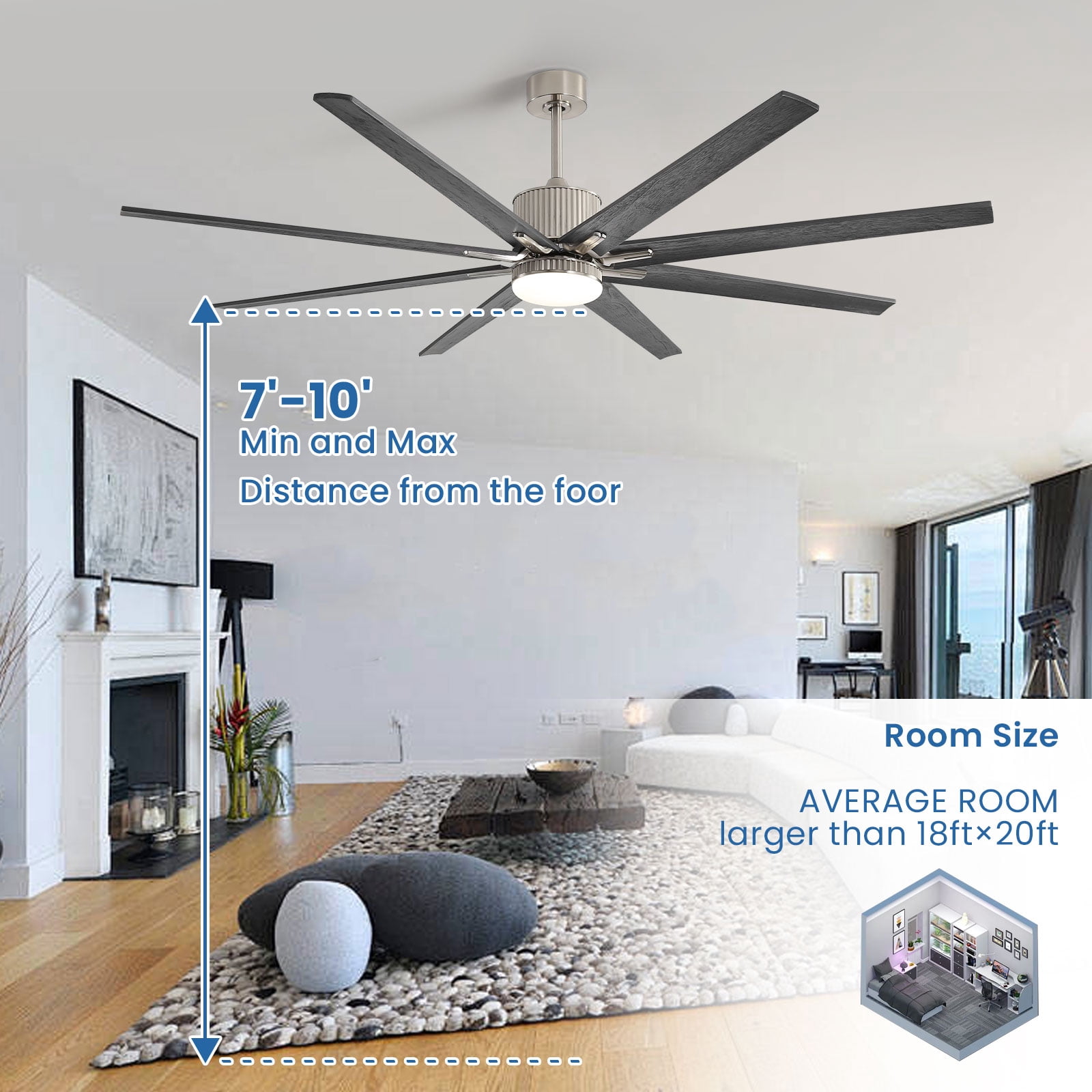 Sofucor 76 Inch Large Industrial Ceiling Fan with Light, Smart Fan with Remote & APP Control, Compatible with Alexa Google, Solid Wood 8 Blade, 3 Downrod