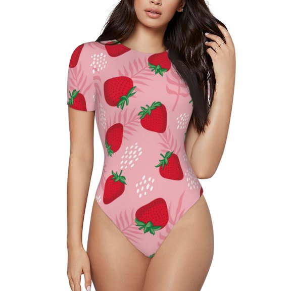 Haiem Strawberry Women's Crew Neck Short Sleeve Bodysuit Tops Stretchy Slim Basic-Large