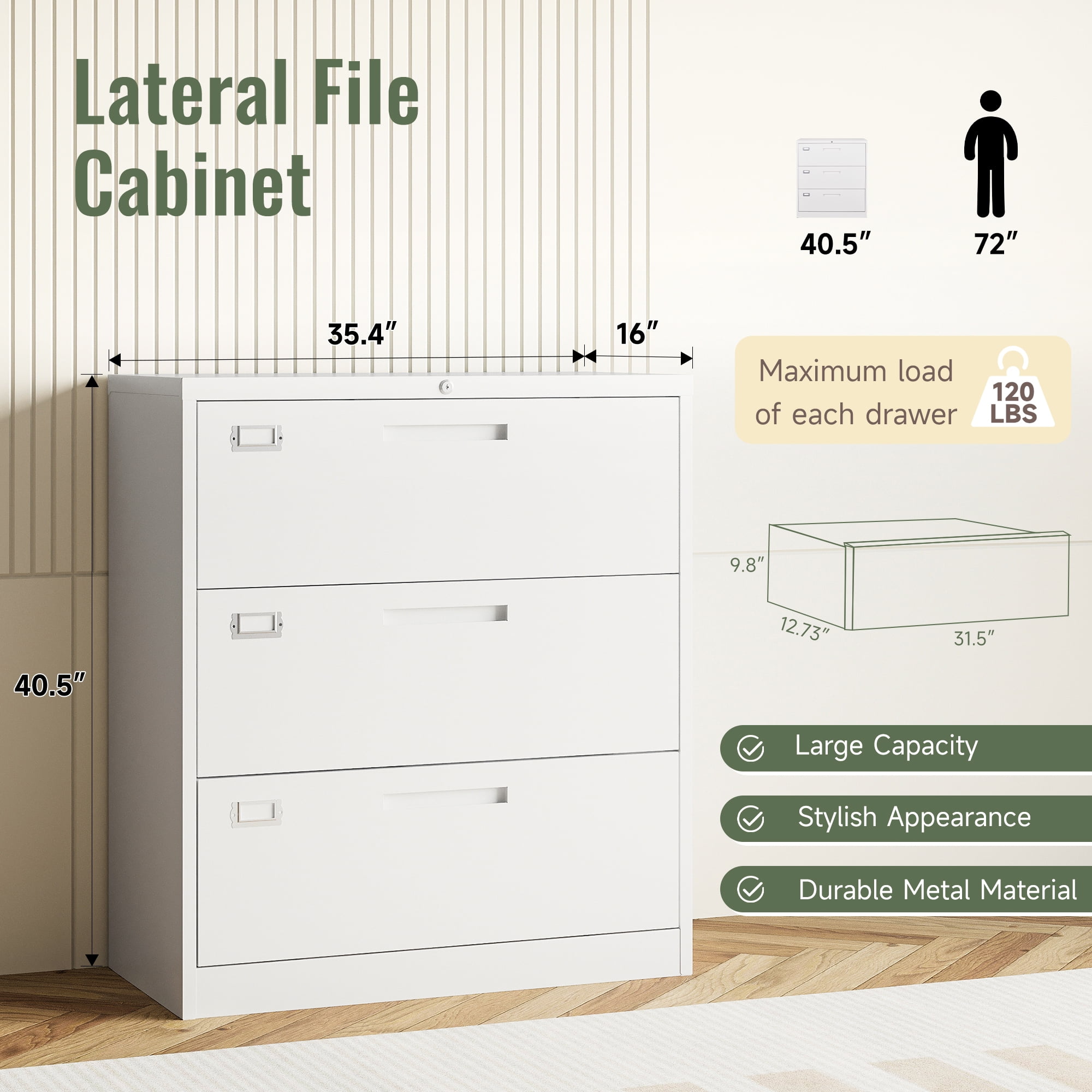 AUHUP 3 Drawer File Cabinet with Lock, Metal Lateral Filing Storage Cabinet Fits Letter/Legal/F4/A4 Size, File Cabinets for Home Office (White-Assembly Required)