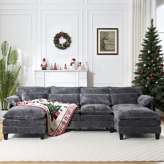 JONPONY 109" Cloud Sectional Sofa with Double Cushion Sleeper Chaise,Modern Comfy Boucle Couch with Waist Pillows for Living Room,Grey