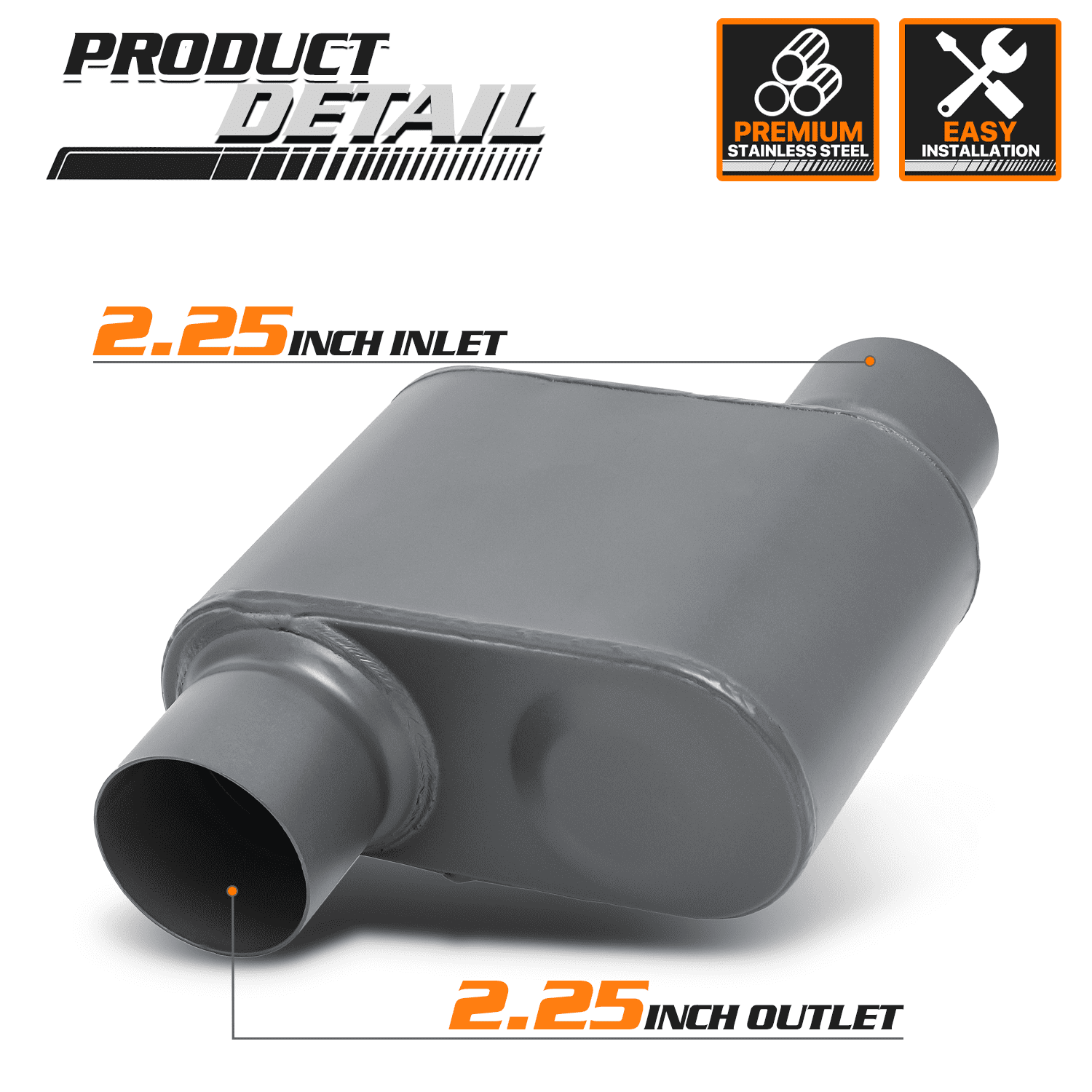 M-AUTO 2.25 Inch Inlet/Outlet 1Pair Chambered Exhaust Muffler Straight-Through Stainless Steel Round Tip,Gray