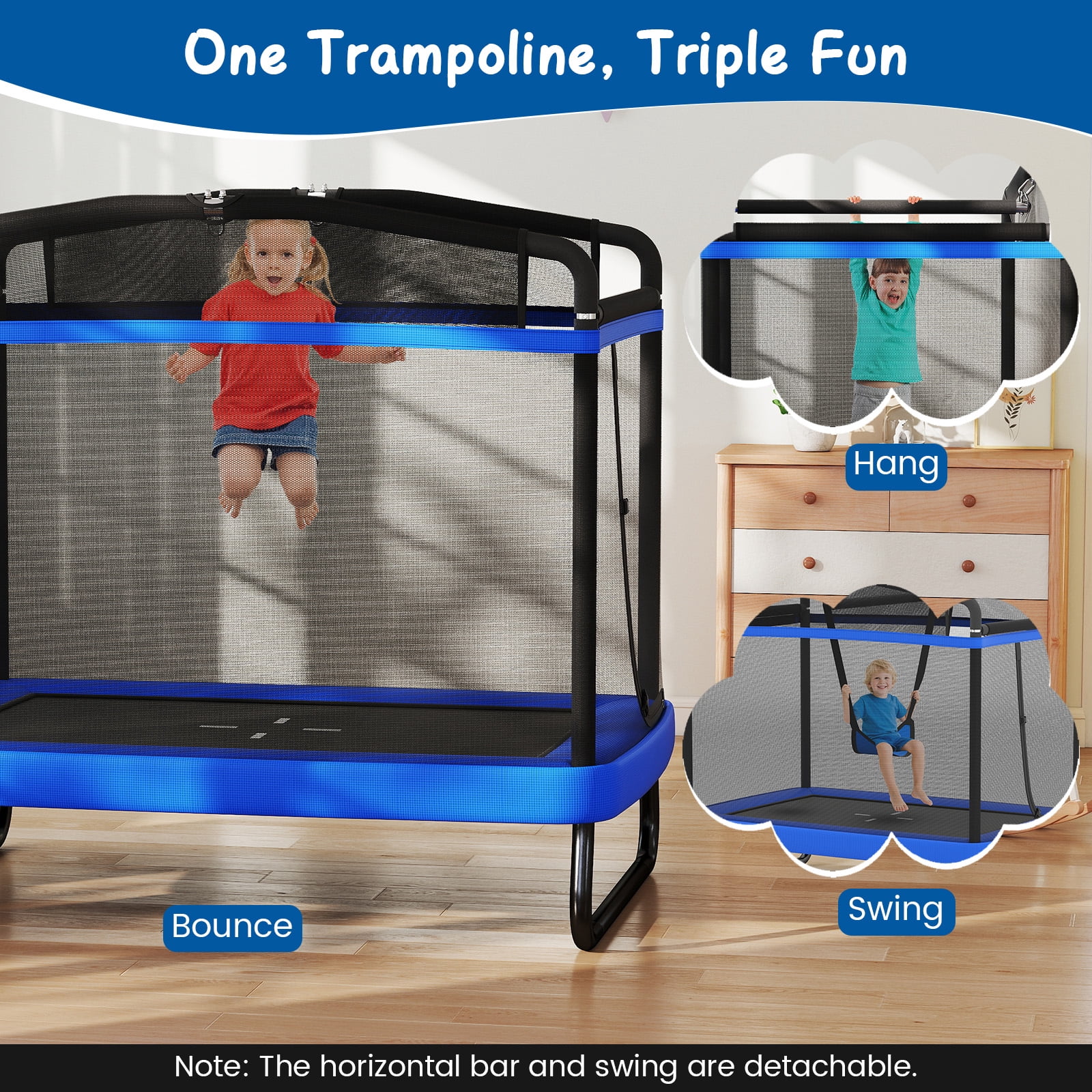 Gymax 6 FT Kids Trampoline w/Swing & Horizontal Bar Safety Enclosure Net Blue