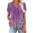thumbnail image 2 of Purple Womens Blouses Women's Fashionable and Casual Floral Print V Neck Wrinkled Short Sleeve Top T Shirt Ladies Tops and Blouses, 2 of 5