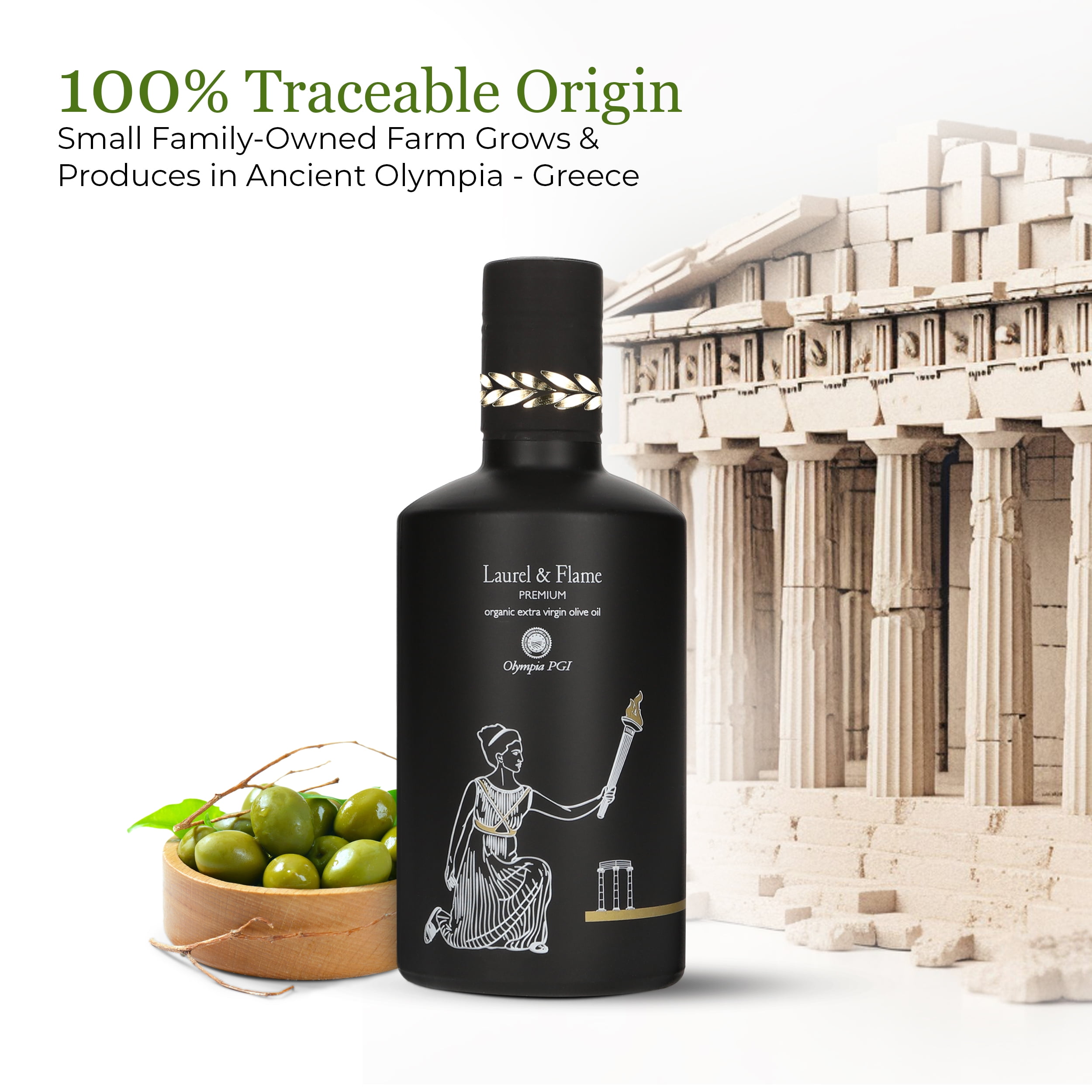 Laurel & Flame Premium Olympia PGI Extra Virgin Olive Oil, USDA-Organic, New Harvest, 16.9 fl oz (pack of 6)
