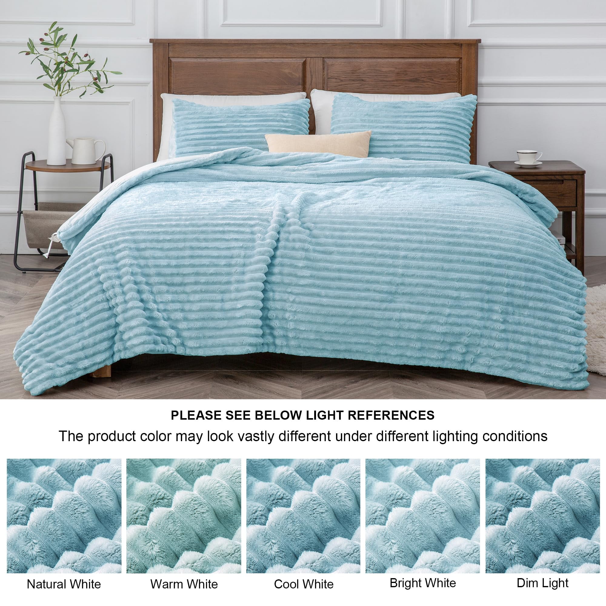 BEDELITE Fleece Queen Comforter Set -Super Soft & Warm Fluffy Light Blue Bedding, Luxury Fuzzy Heavy Bed Set for Winter with 2 Pillow Cases