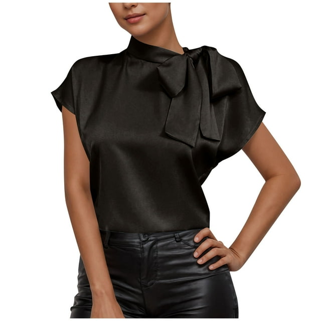 Pisexur Hauts pour Femmes Blouses pour Femmes Mode Décontractée Chic Été Couleur Unie Col Rond Manches Courtes Chemises Haut Blouse, Hauts pour Femmes Tendance Noir,P