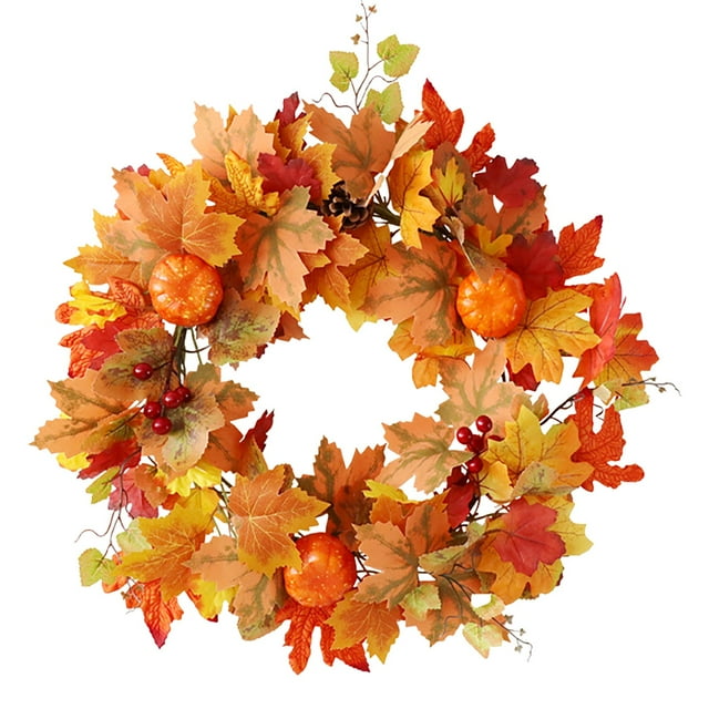 Maple Leaf Wreath, Plastic Maple Leaf Wreath, Orange Fall Decor Maple Wreath with Pumpkins And Berries, 19.68 Inch Autumn Front Door Decoration