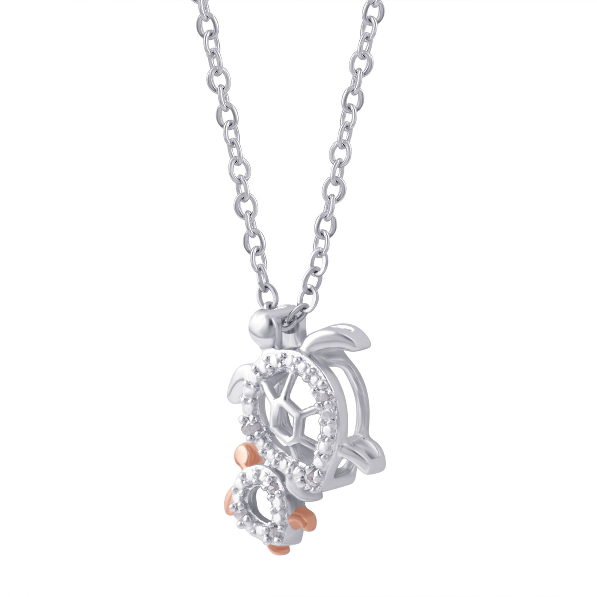 Diamond Accent Two-Tone Turtle Mom and Child Pendant, 18" Chain