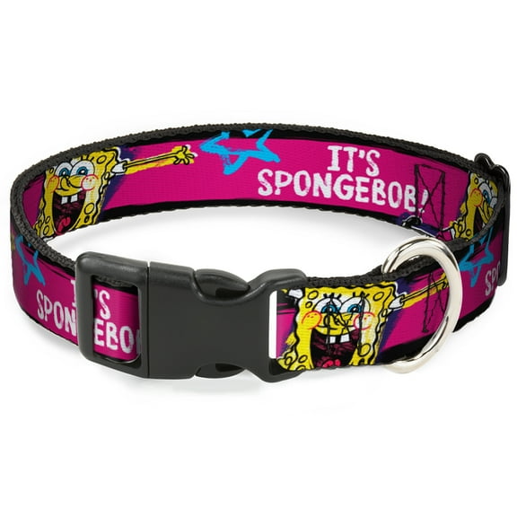 Nickelodeon Pet Collar, Dog Collar Plastic Buckle, Spongebob Pose Its Spongebob Stripe Black Pink Blue White, 7 to 8.5 Inches 0.5 Inch Wide