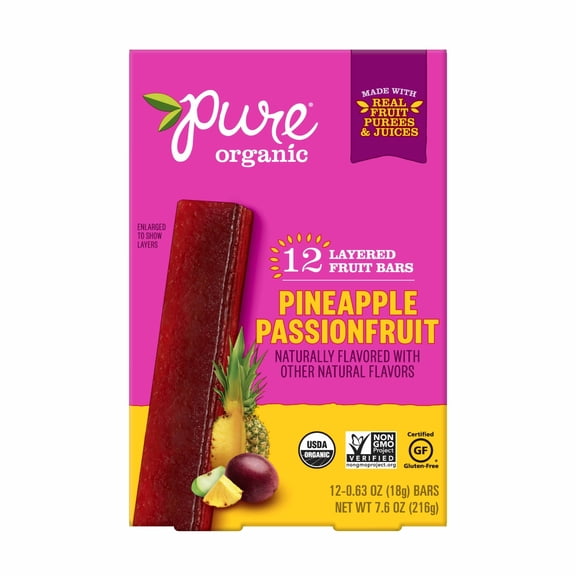 Pure Organic Pineapple Passionfruit Layered Fruit Bars, Gluten Free, 7.6 oz, 12 Count