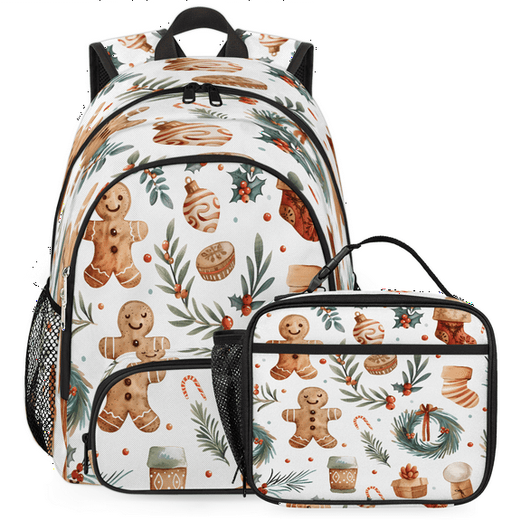Herdesigns Christmas Gingerbread Wreaths Large Backpack Set with Lunch Box Lightweight Water Resistant Travel Laptop Backpacks Casual Daypacks for Women Men
