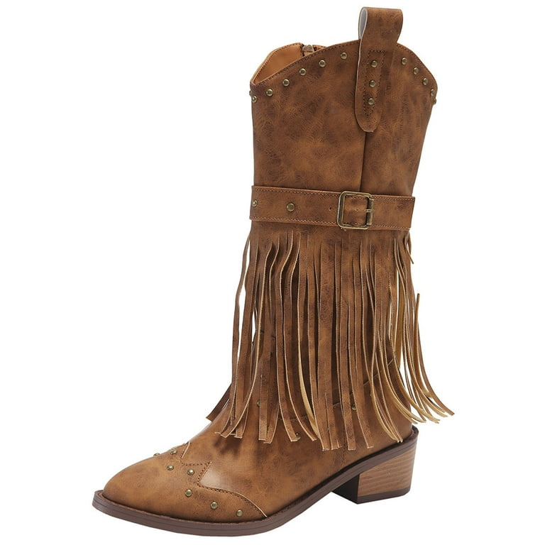 OKBOP Christmas Boots for Women Winter Chunky Heel Fringe