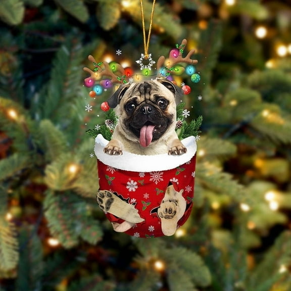 Acrylic 2D FLAT - FAWN Pug In Snow Pocket Christmas Ornament Flat Acrylic Dog Ornament - Holiday Tree Decoration