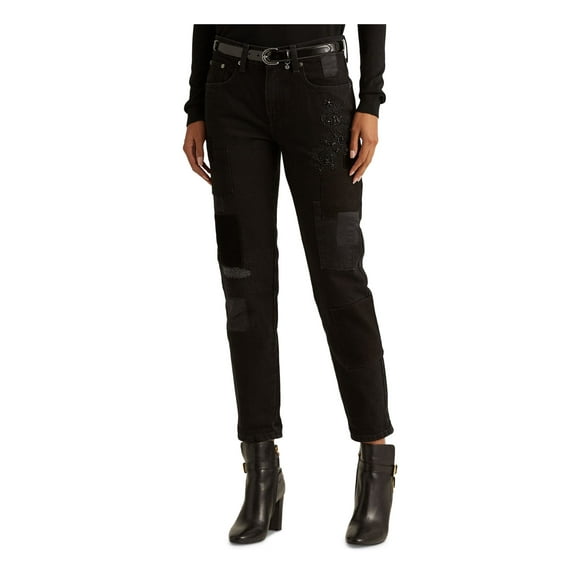 RALPH LAUREN Womens Black Stretch Embellished Zippered Patchwork Tapered Leg Pocketed Cropped Jeans 8