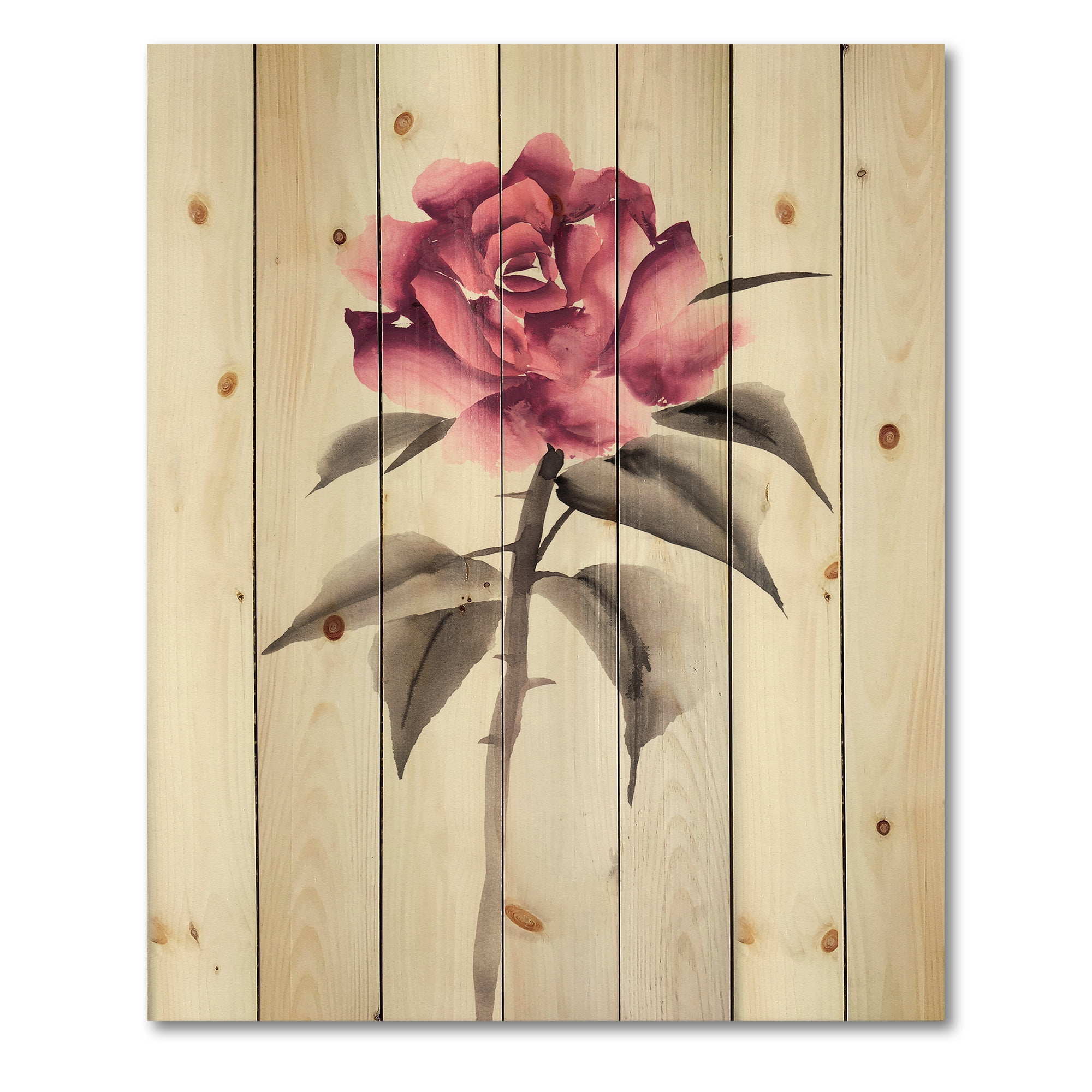 Designart 'Ancient Pink Rose Flower' Traditional Print on Natural Pine Wood