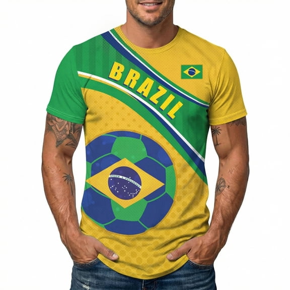 VNKIDY Mens Brazil Soccer Flag Print Short Sleeve T Shirt Crew Neck Quick Dry Breathable Athletic Tee For Sports Daily Wear Light Yellow XXXXXL