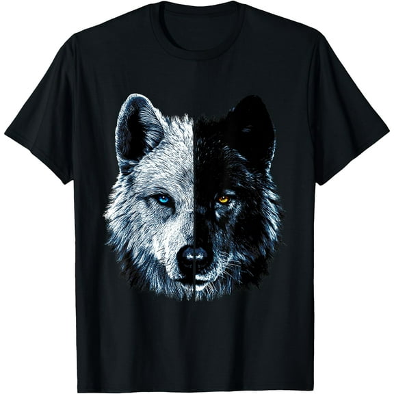Polar And Black Two Wolf Split Face Magical Wolves Cool Unisex T-Shirt for Men Women Kids Toddler