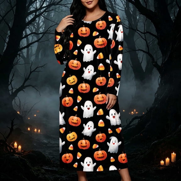 SELONE Plus Size Nightgowns for Women Long Long Sleeve Sleepshirt Ghost Pumpkin Sleep Dress Halloween House Dress