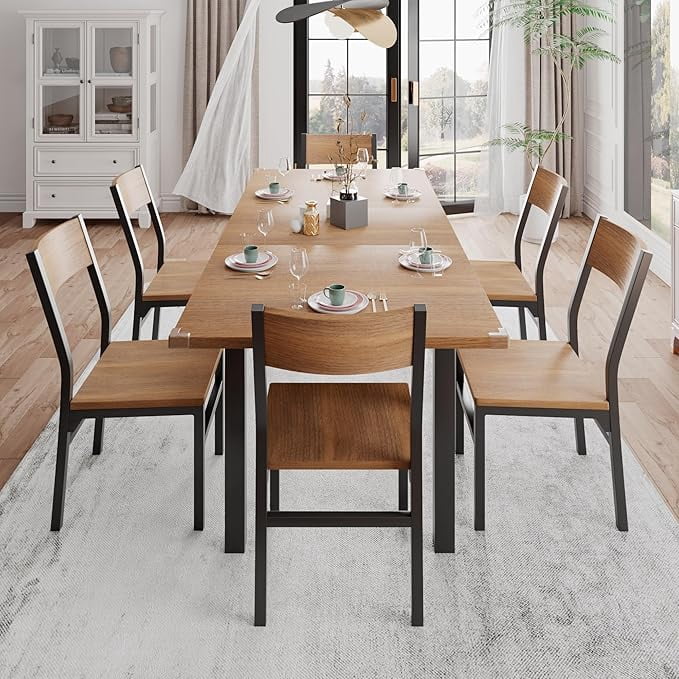 iPormis 63" Extendable Kitchen Table Set for 4-6 People, 7-Piece Large Dining Table Set With 6 Chairs,Mid-Century Modern Dining Room Table,Walnut