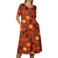 thumbnail image 5 of Women's Round Neck Halloween Patchwork Print Dress with Pockets Short Sleeve Loose Midi Dress Casual Fall Outfit for Daily Wear Saffron M, 5 of 6