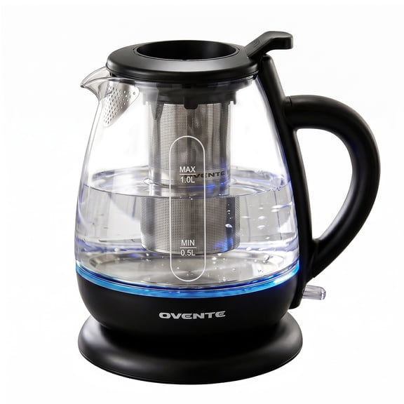 OVENTE 1L Glass Electric Kettle with Tea Infuser, Black KG151B, Easy Fill Lid, 1100W Fast Boiling, Borosilicate Glass, Auto Shut-Off, Boil-Dry Protection, Blue LED Light, 360° Swivel Base