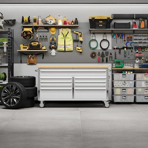 Danolapsi 61-Inch Rolling Tool Chest with 9 Drawers Garage Tool Cabinet, Stainless Steel Tool Bench with Locking System, Sturdy Construction and Large Capacity for Workshop, Garage, Kitchen and Home