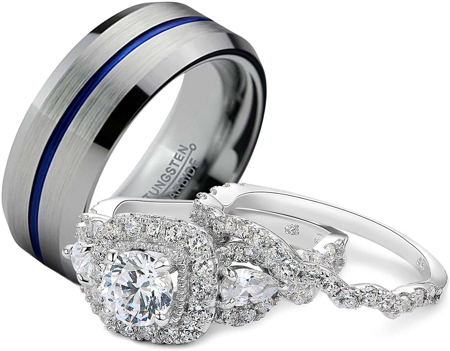 Newshe Women's Sterling Silver Wedding Rings Set Men's Tungsten Bands Couple Set