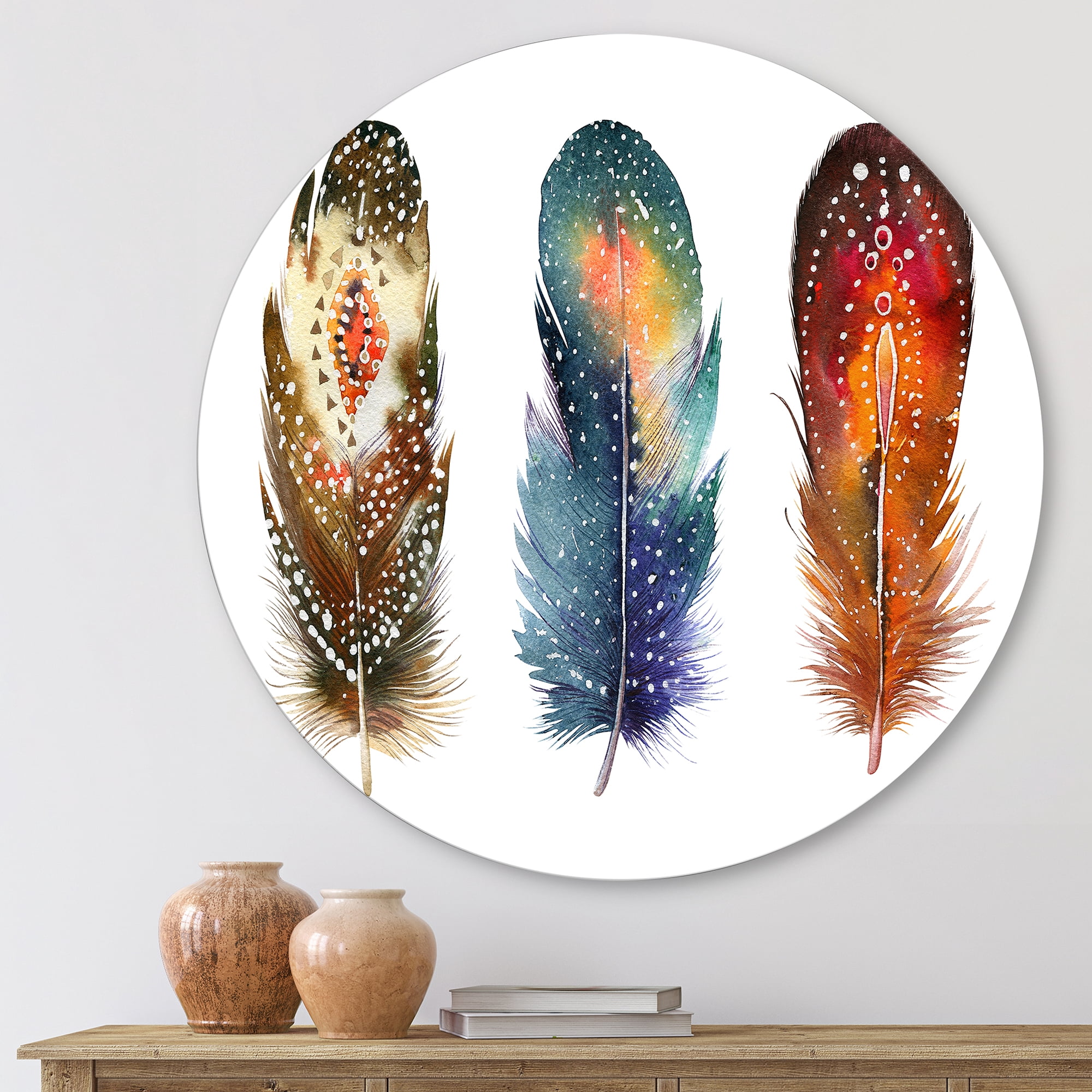 Designart 'Colourful Boho Art Feather Set IX' Bohemian & Eclectic Circle Metal Wall Art 11x11 - Disc of 11