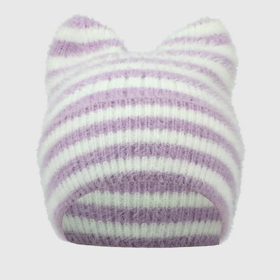 Wowcloth Striped Cat Ear Knitted Hat for Women, Warm Winter Thickened Ear Protection, Soft Cozy Wool Beanie, Cold Weather Fleece Lined Cap