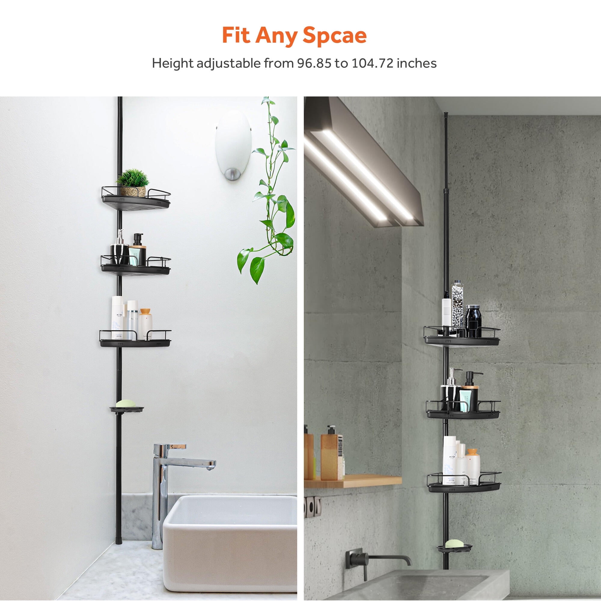 SONGMICS Étagère De Douche Réglable En Hauteur, 4 Niveaux, Étagère D'angle Télescopique, Hauteur 85 à 305 Cm, Rangement De Salle De Bain, Noir BCB001B01