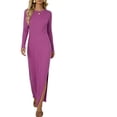 thumbnail image 6 of LIaqionyy Women's Maxi Dress Long Sleeve Casual Solid Color Crew Neck Split Side Summer Dresses Clothes, 6 of 8