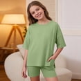 thumbnail image 2 of Yuncity Toddler Girls Outfits Summer Crew Neck Short Sleeve Casual Two Piece Loose Shirt And Cycling Shorts Cozy Sets Size 7-8 Years Green, 2 of 4