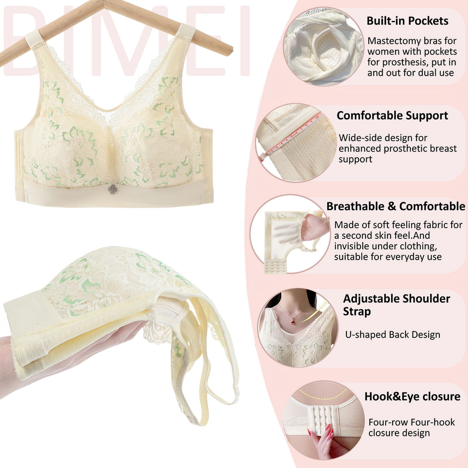 BIMEI Women Mastectomy Bra Breast Prosthesis with Pockets Wirefree Comfort Everyday Bra 2425,Beige,40B/C/D/E