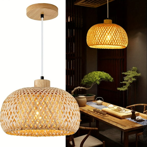 Bamboo Pendant Light 17.71 inches Hand-woven Natural Rattan Bamboo Light Beige Bohemian Style Hanging Chandelier Retro Island Restaurant Ceiling Light