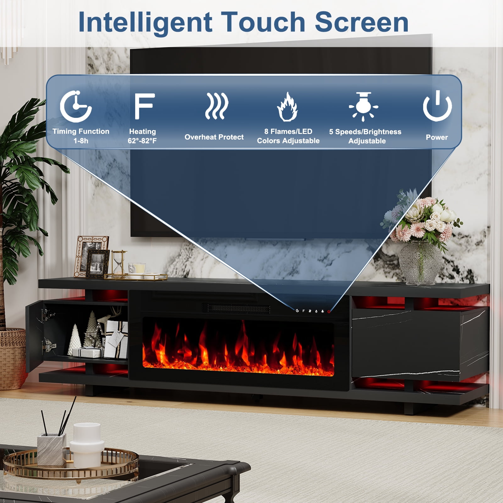 FAGAGA 69" Electric Fireplace TV Stands for TVs up to 80", LED Lights and Remote Control,Black