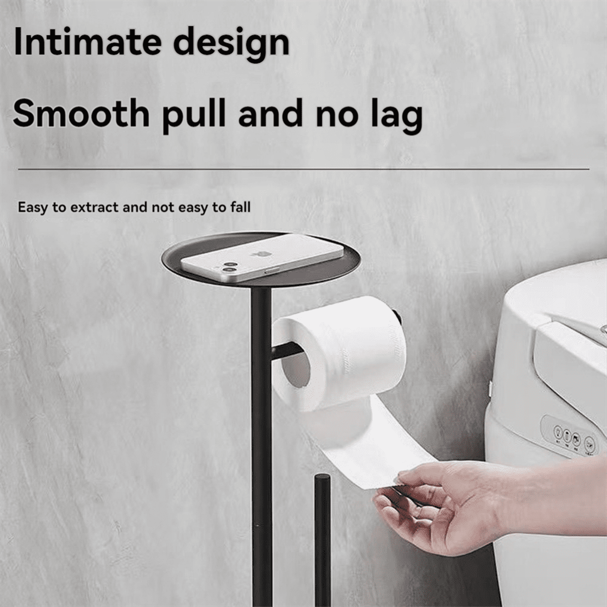 Black Toilet Paper Holder Stand with Shelf, Freestanding Toilet Paper Holder, Heavy Base No Tipping over for Bathroom